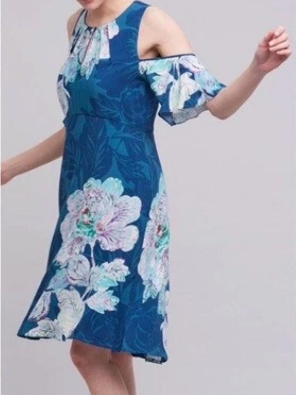 Maeve Teal Floral Cold-Shoulder Midi Dress - Picture 8 of 10